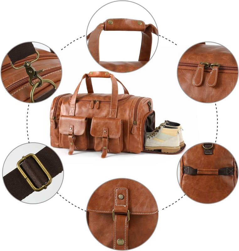 Gros sac de voyage en cuir en PU brun porté le week-end de nuit Sports Yoga Gym personnalisé avec sac à chaussures